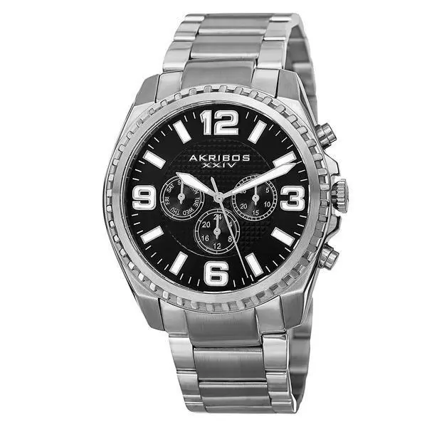 Akribos AK774SSB Swiss Quartz Multifunction Dual Time Stainless Steel Mens Watch
