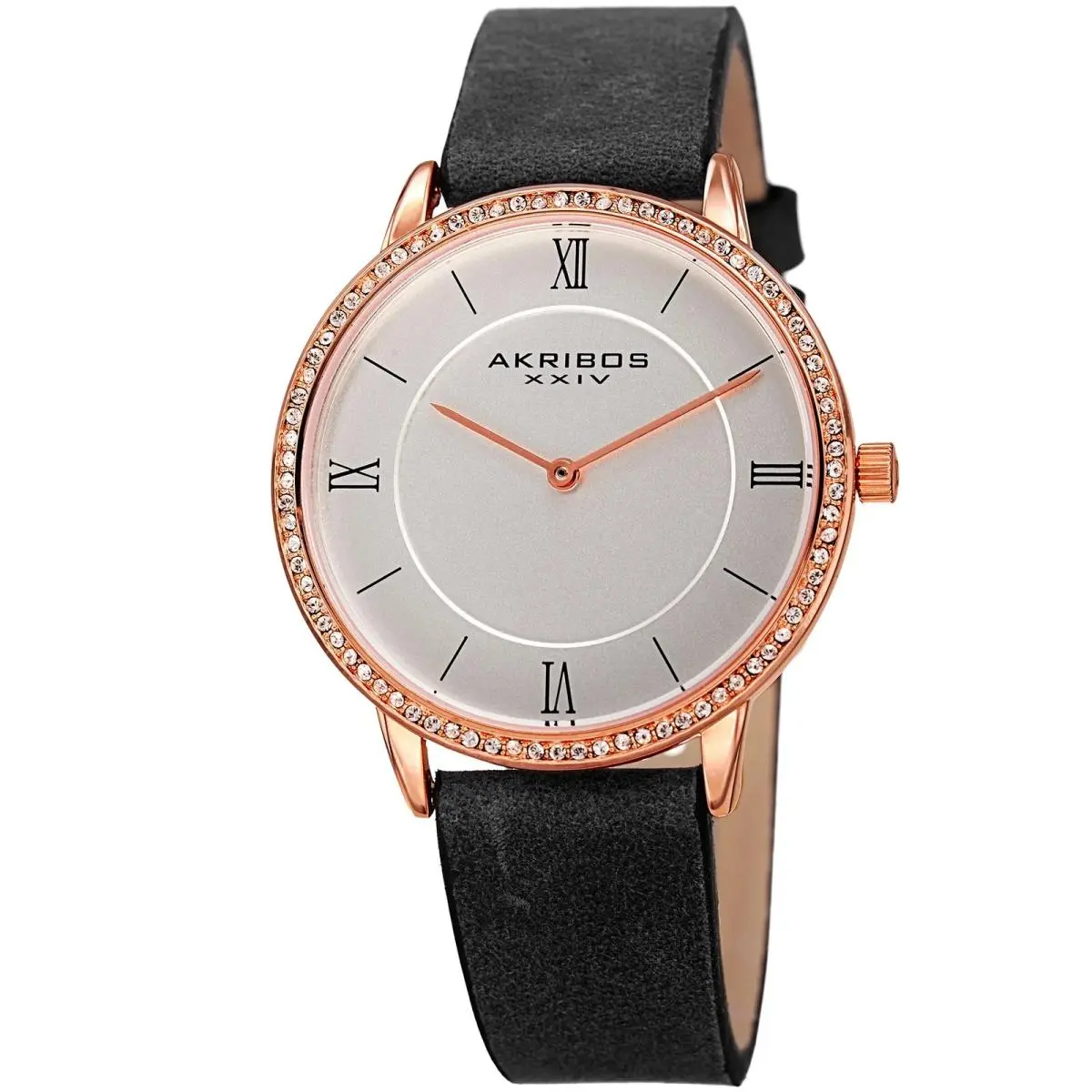 Akribos Xxiv AK924BK Women`s Swarovski Crystal Classic Black Leather Strap Watch