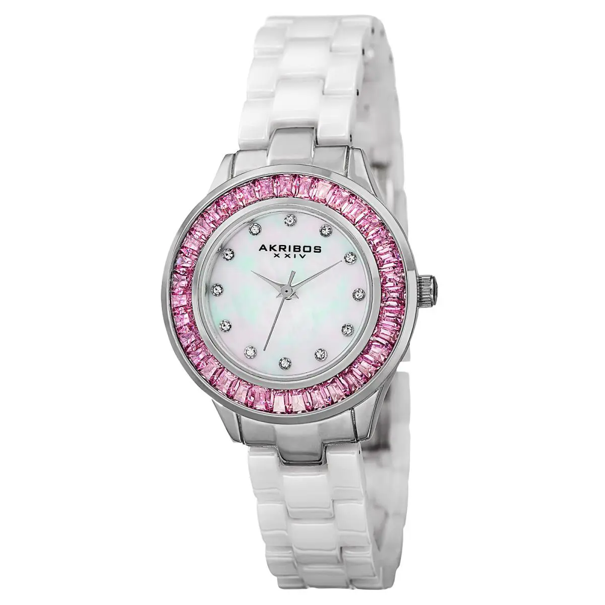 Women`s Akribos Xxiv AK781WTP Quartz Pink Crystal Bezel White Ceramic Watch