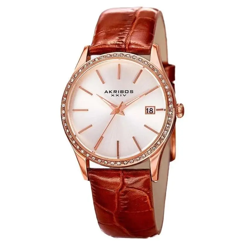 Wome`s Akribos Xxiv AK883BR Swarovski Brown Strap Silver Dial Rose Gold Watch