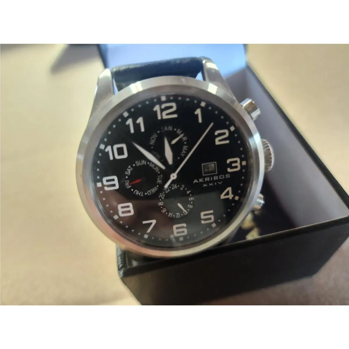 Men`s Akribos Xxiv AK664 Quartz Black Leather Watch