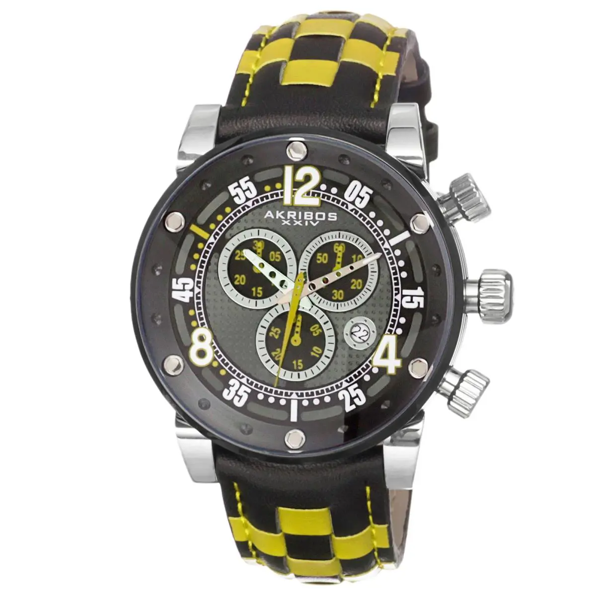 Men`s Akribos Xxiv AK612YL Swiss Quartz Chronograph Checkered Leather Watch