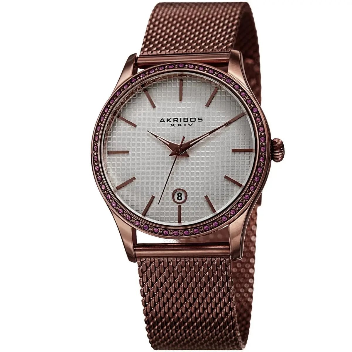 Women`s Akribos Xxiv AK967BR Nulled Crystal Bezel Dial Round Case Mesh Watch