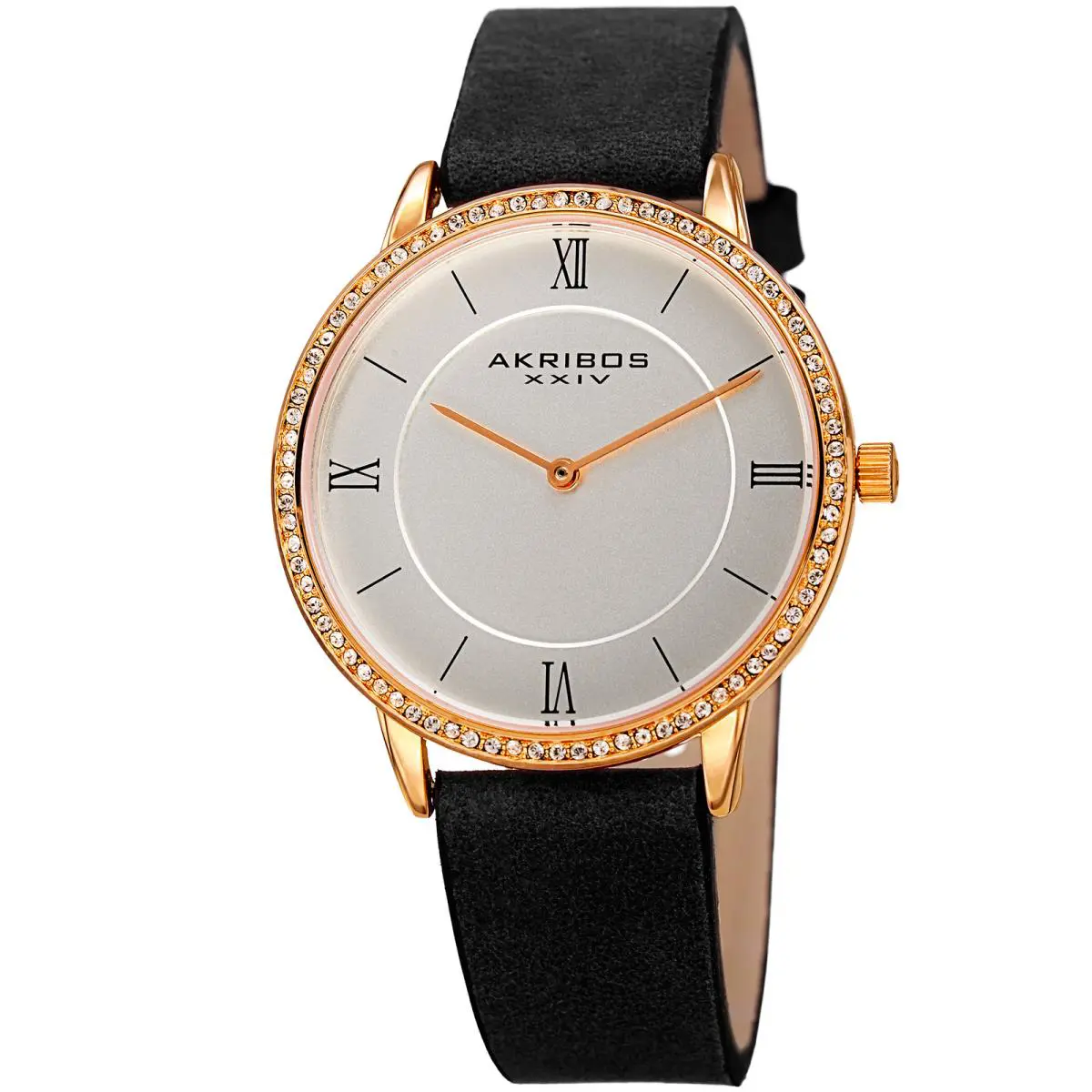 Women`s Akribos Xxiv AK924YGB Gold Tone Swarovski Crystal Black Strap Watch