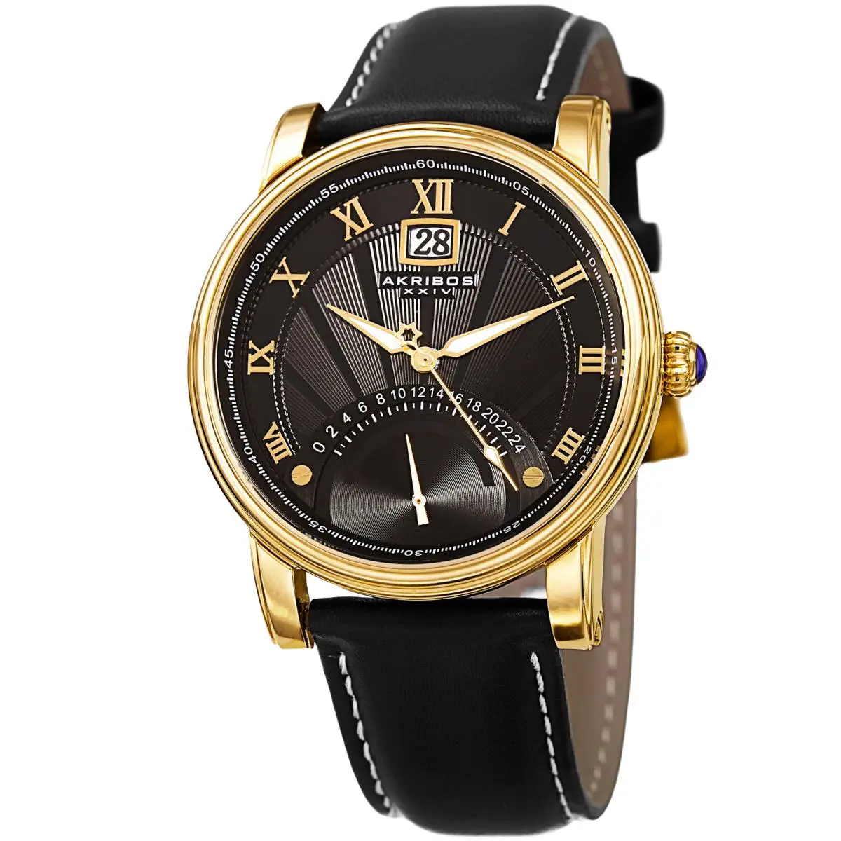 Men`s Akribos Xxiv AK913YG 24 Hour Retrograde Black Leather Strap Watch