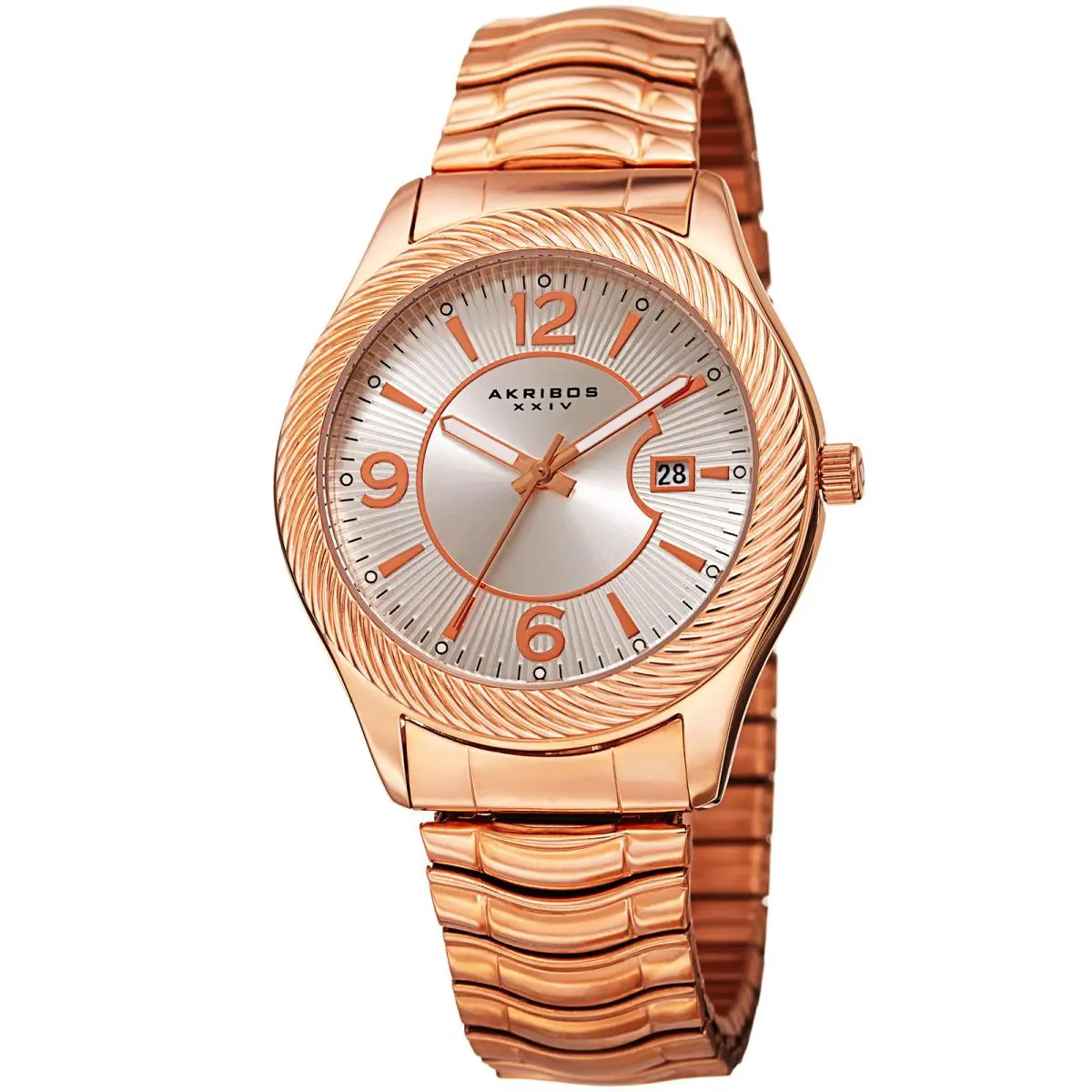 Men`s Akribos Xxiv AK946RG Silver Sunburst Dial Rose Expansion Bracelet Watch