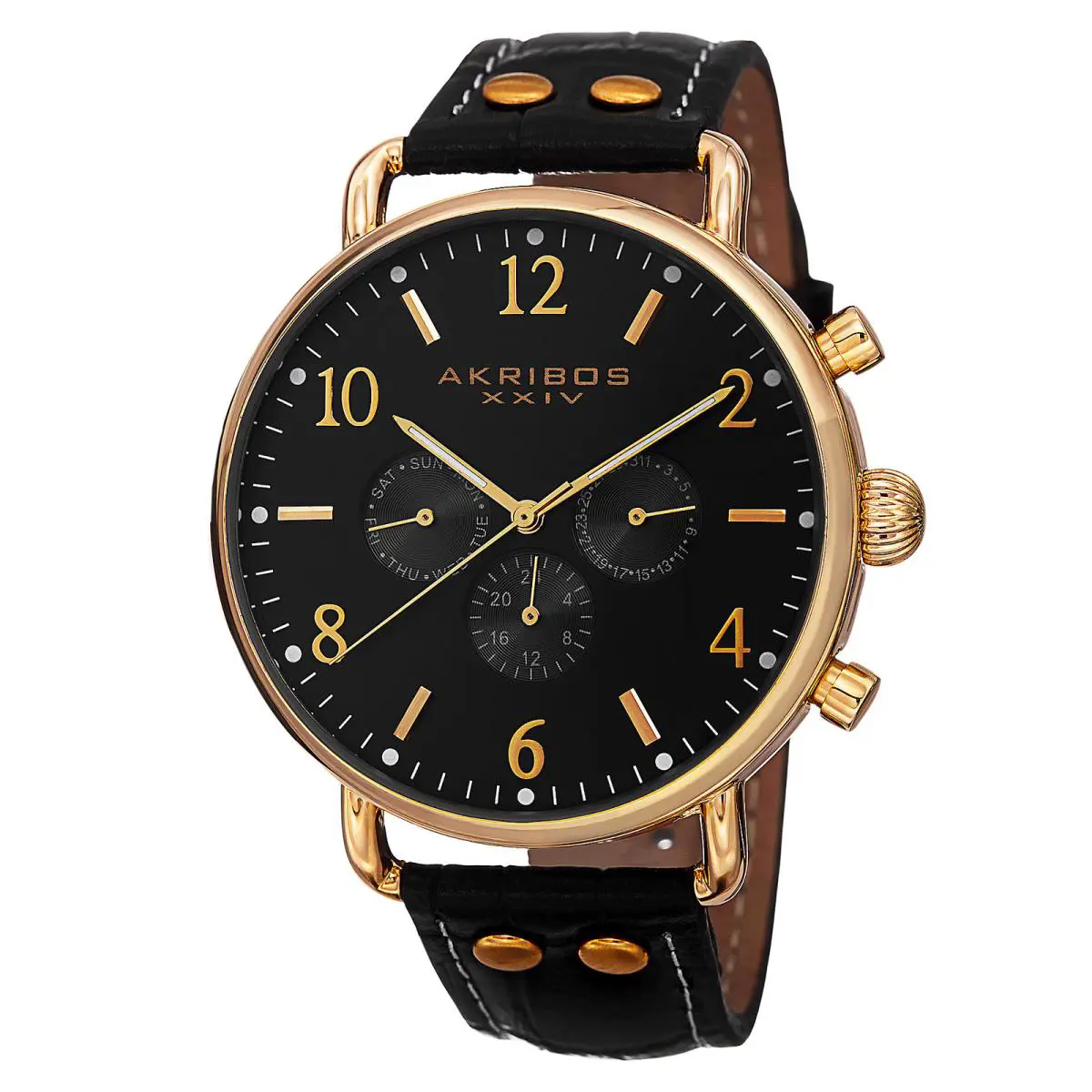 Men`s Akribos Xxiv AK752YGB Swiss Quartz Multifunction Black Leather Watch
