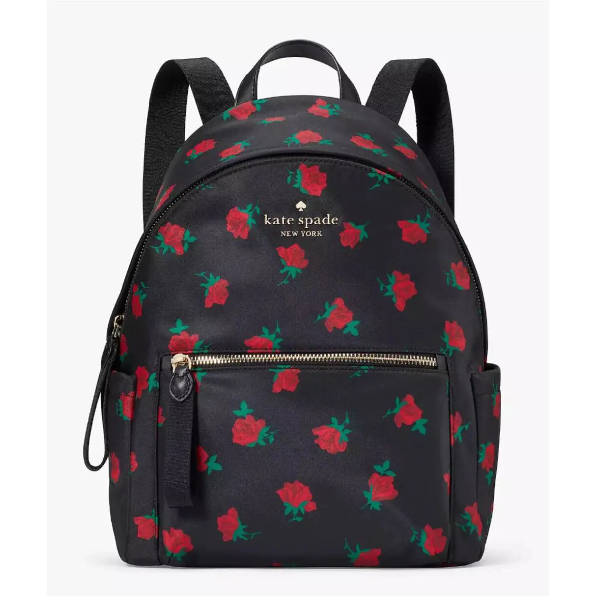 Kate Spade Chelsea Medium Black Nylon Backpack Rose Toss Print KE435