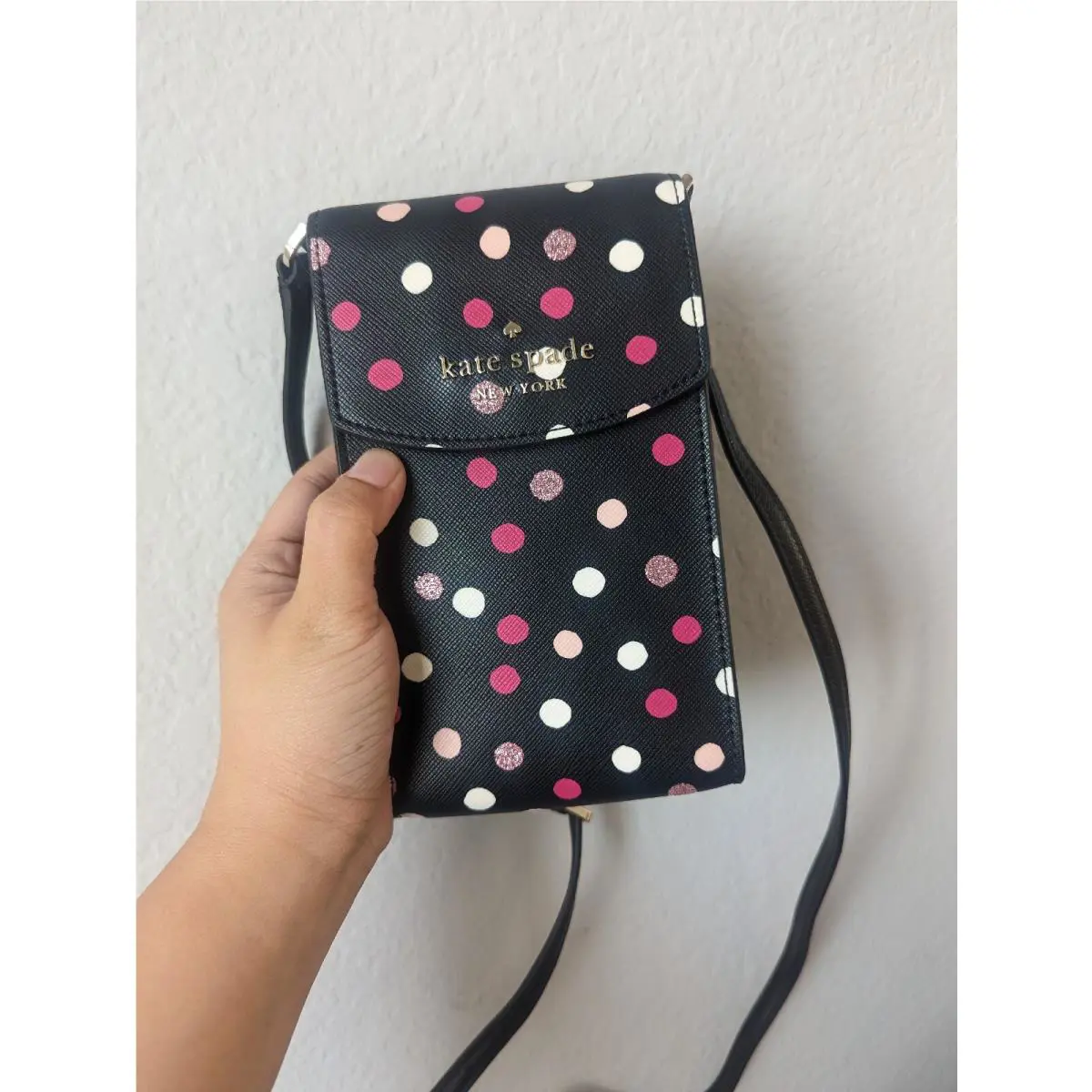 Kate Spade Black Staci Glimmer Dot North South Flap Phone Crossbody K9446
