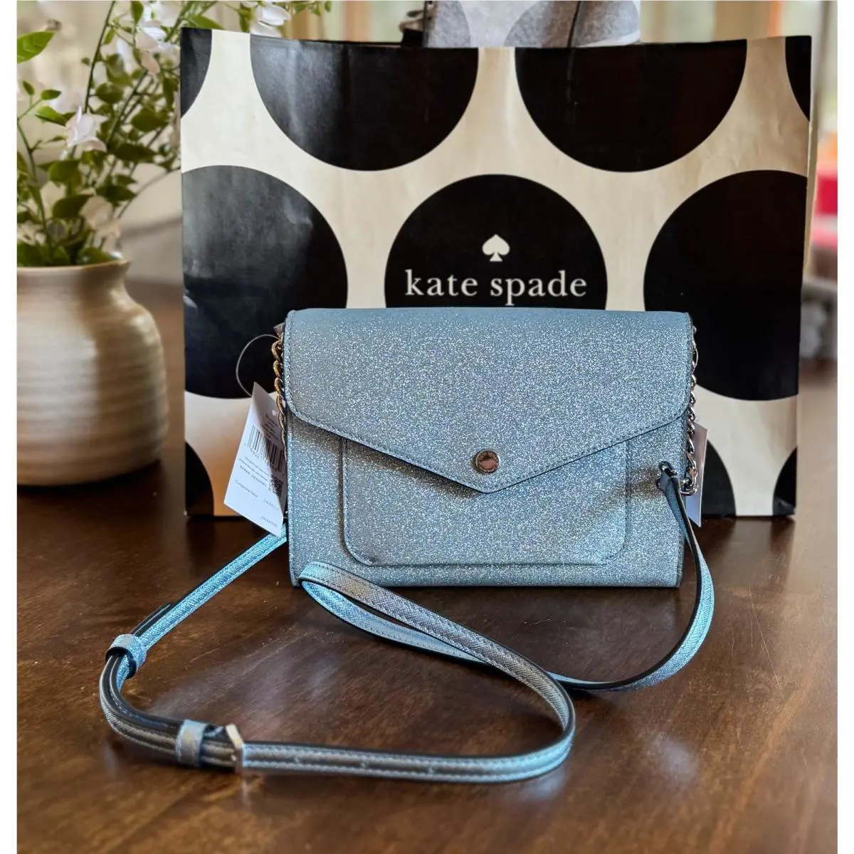 Kate Spade Tinsel Glitter Flap Crossbody Envelope Purse - Frosty Sky - Handle/Strap: Blue, Hardware: Silver, Exterior: Blue