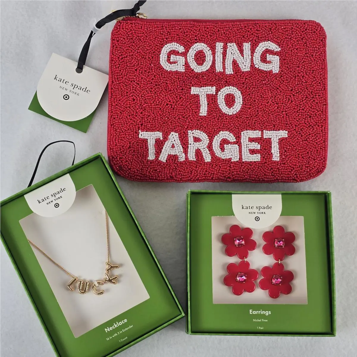 Kate Spade Lot 3 Going To Target Red Beaded Clutch Lucky Necklace Earrings 2025
