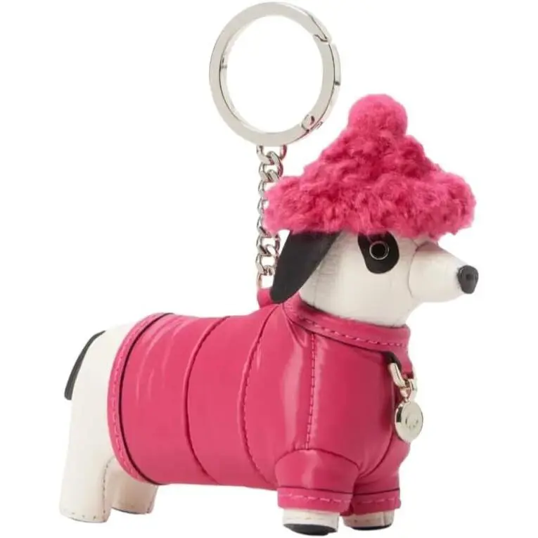 New Kate Spade Festive Dachshund Key Chain Bag Charm Festive Pink Leather