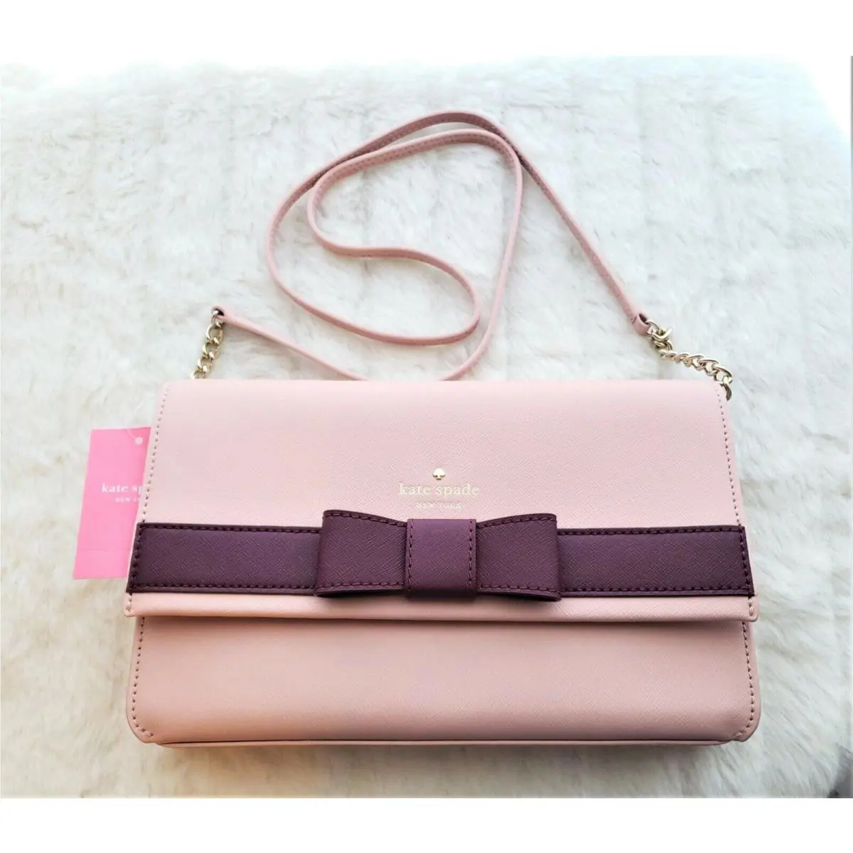 Kate Spade Crossbody Handbag Soft Pink Purse Spring Burgundy Bow Beautiful
