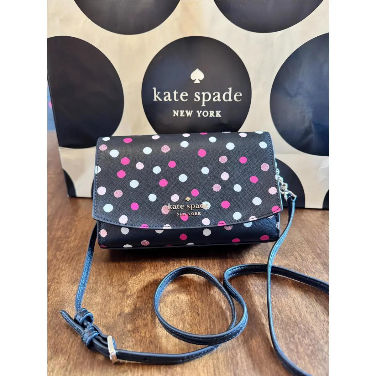 Kate Spade Staci Glimmer Dot Printed Small Flap Crossbody Purse K9362 - Handle/Strap: Black, Hardware: Gold, Exterior: Black