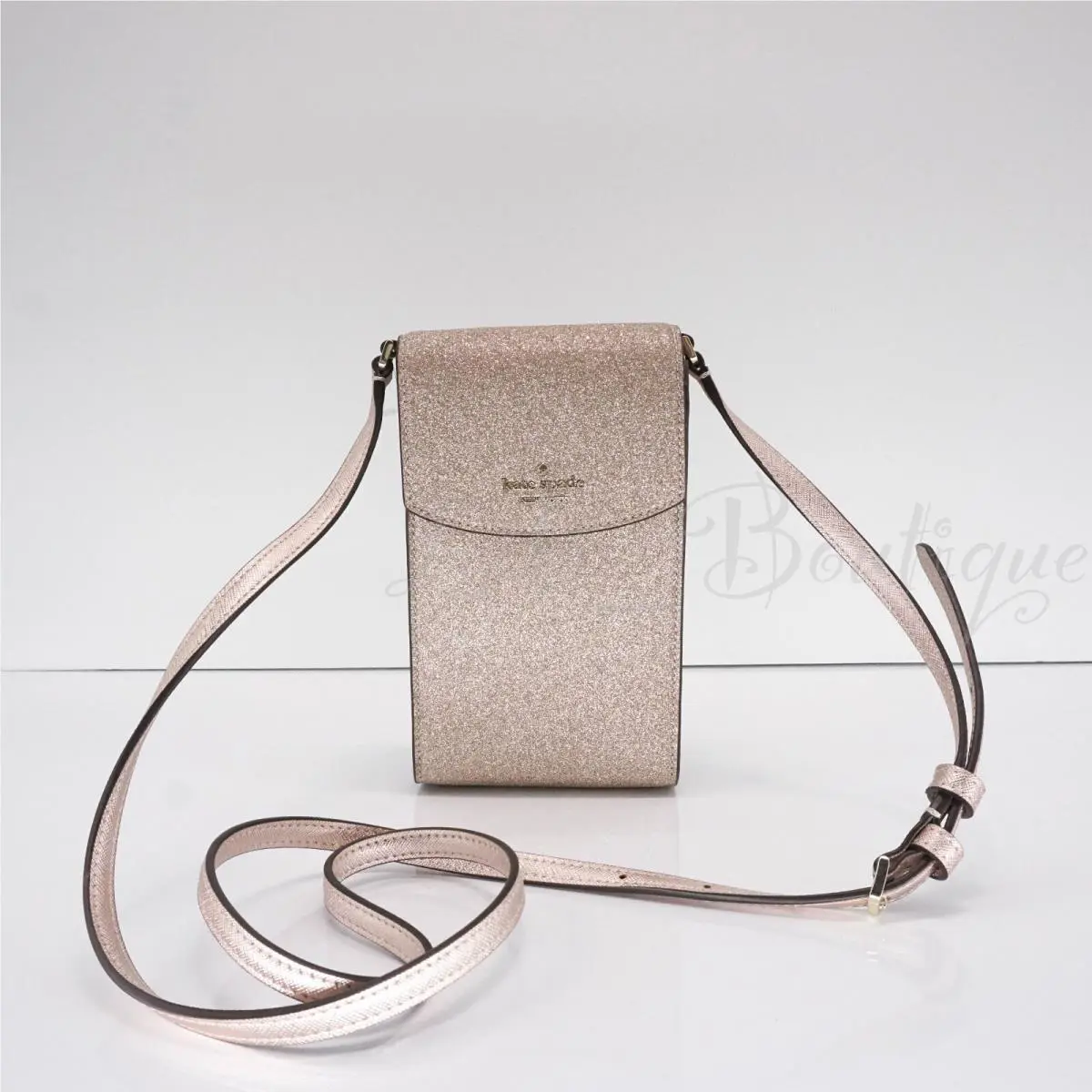 Kate Spade Shimmy Glitter North South Flap Phone Crossbody Bag K4828 Rose Gold