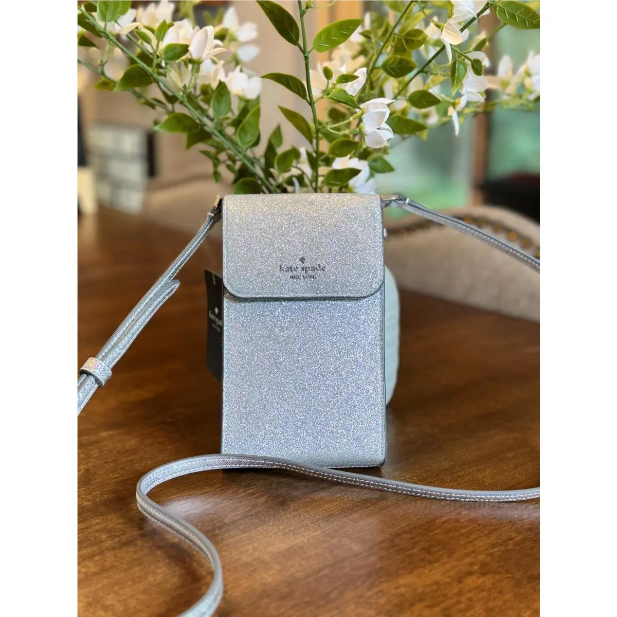 Kate Spade Glimmer North South Glitter Phone Flap Crossbody Lunar Light