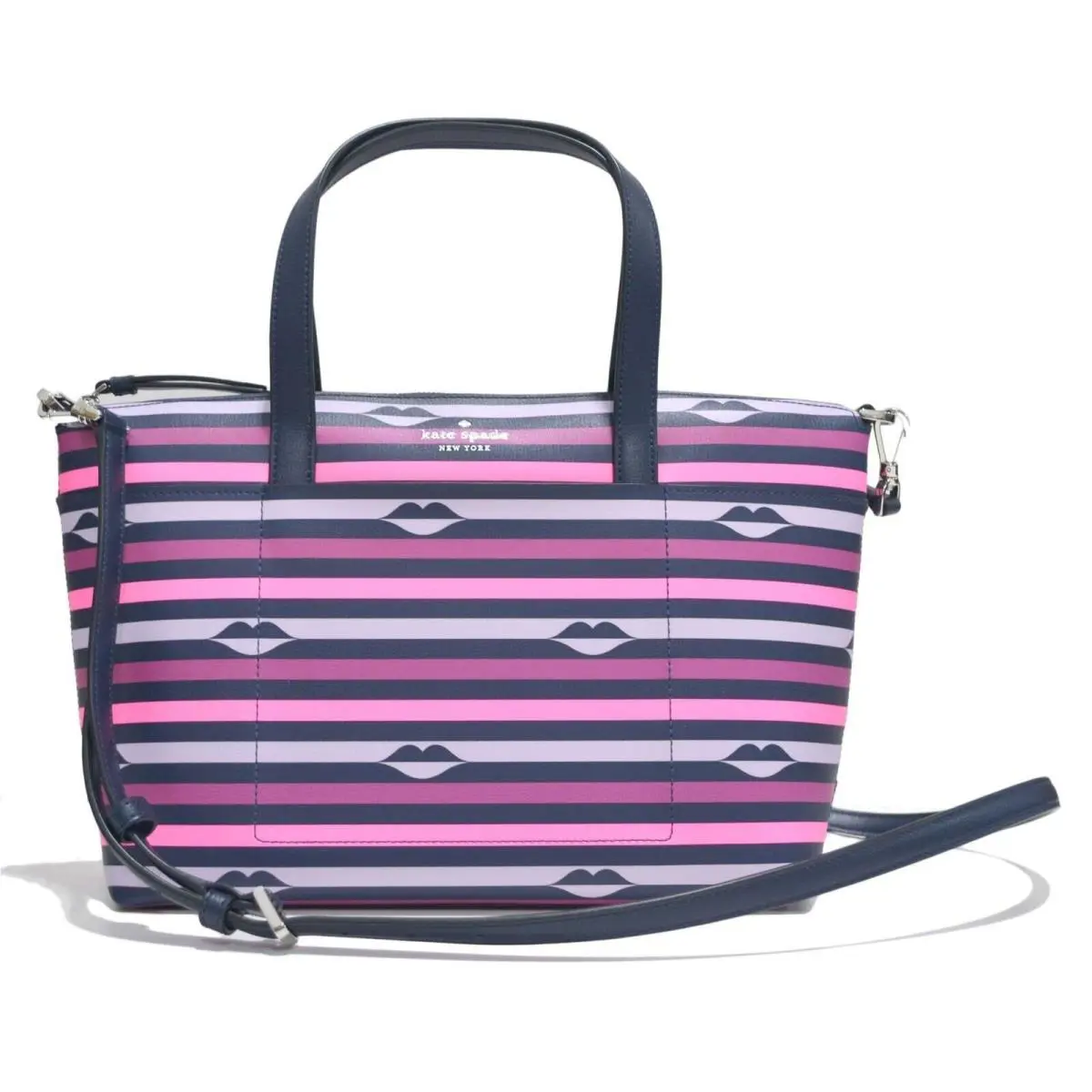 Kate Spade New York Purse Patrice Satchel Bag Detachable Pink Stripe Multi New - Handle/Strap: Navy, Hardware: Silver, Exterior: Pink