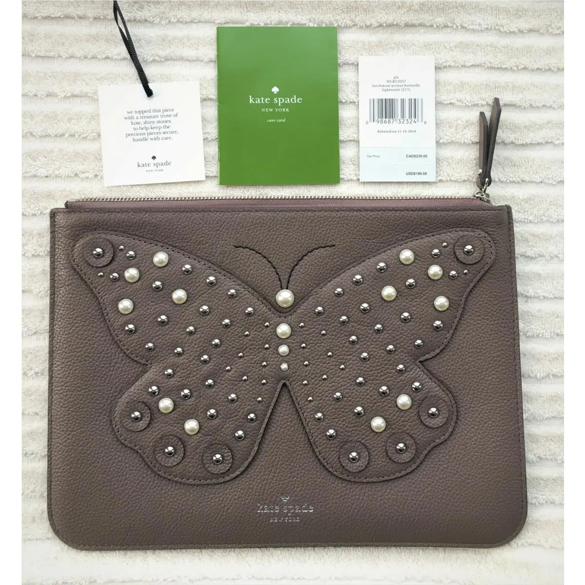 Kate Spade New York Larchmont Ave Butterfly Studded Beige Pouch Cosmetic NWT$199