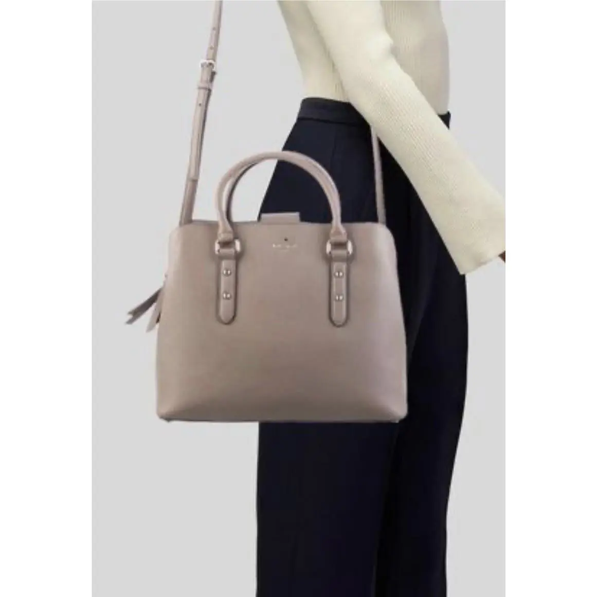 Kate Spade New York Cityscape Satchel Gray Beige Leather Hand Bag with Crossbody