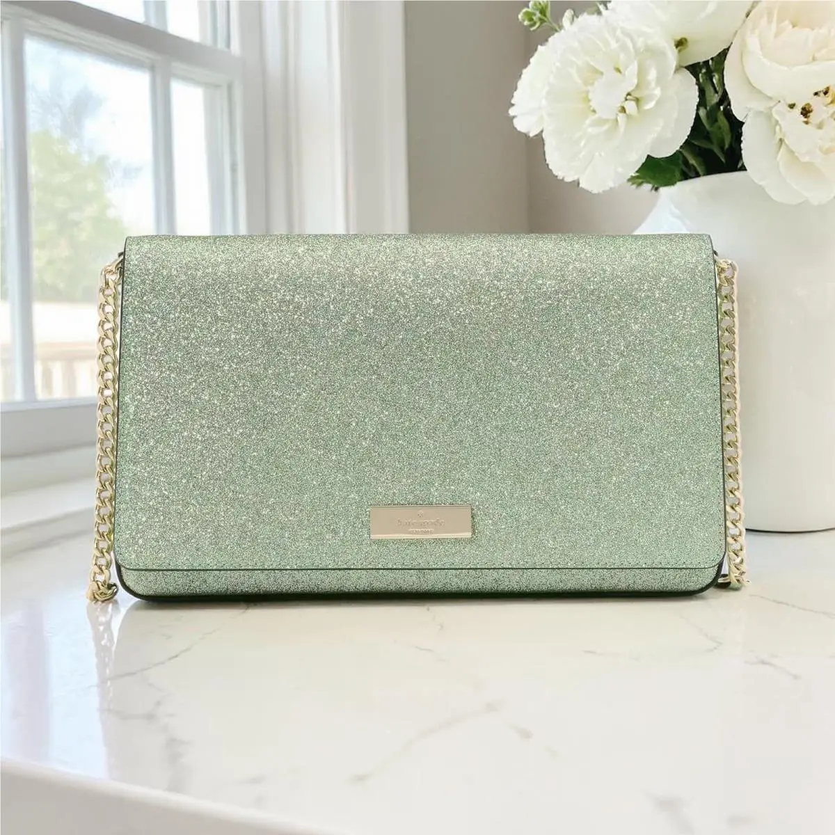 Kate Spade Kenzie Glitter Small Convertible Crossbody Purse Seawater Green KK330