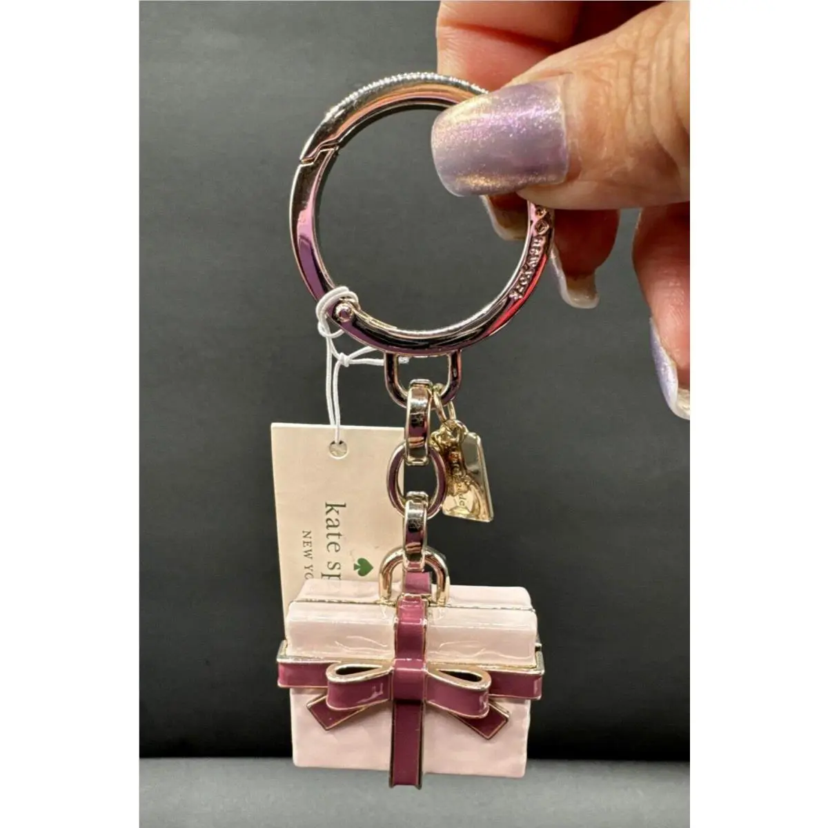 Kate Spade Wrapping Party Gift Box Bag Charm Keychain Pink Purple Metal K4822
