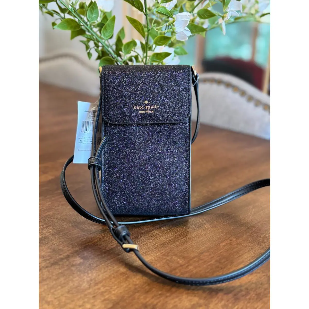 Kate Spade Glimmer North South Glitter Phone Flap Crossbody Black
