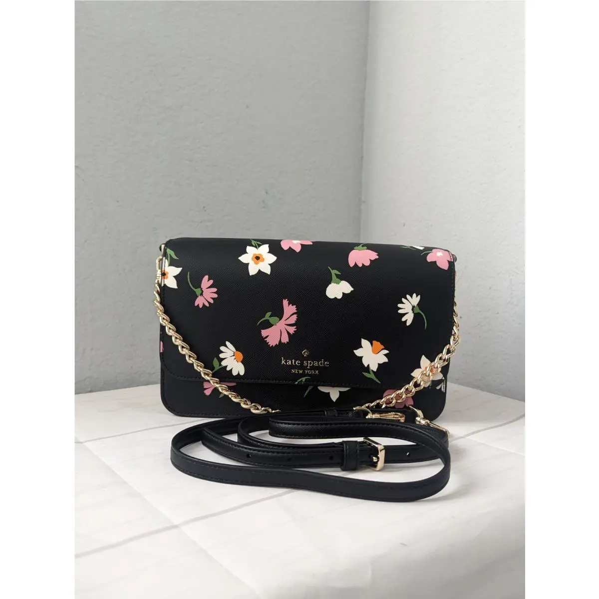Kate Spade KF441 Madison Floral Waltz Flap Convertible Crossbody Black Multi