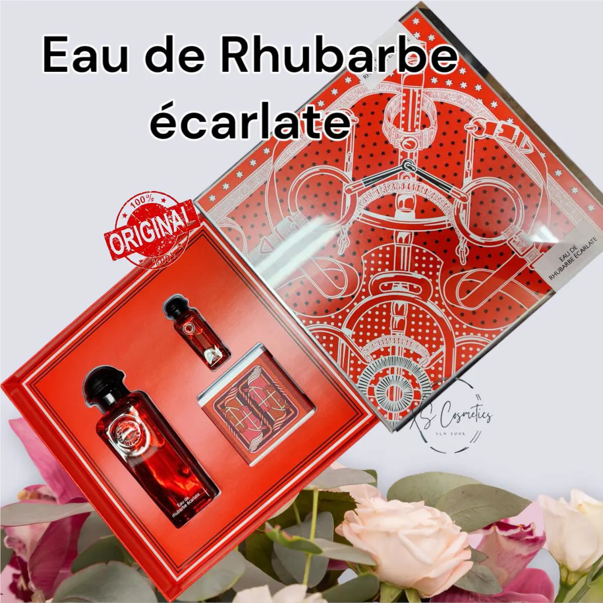 Hermes Eau de Rhubarbe Ecarlate 3 Pc Set Edc 3.3 oz 0.25 oz Travel 1.7 oz Soap