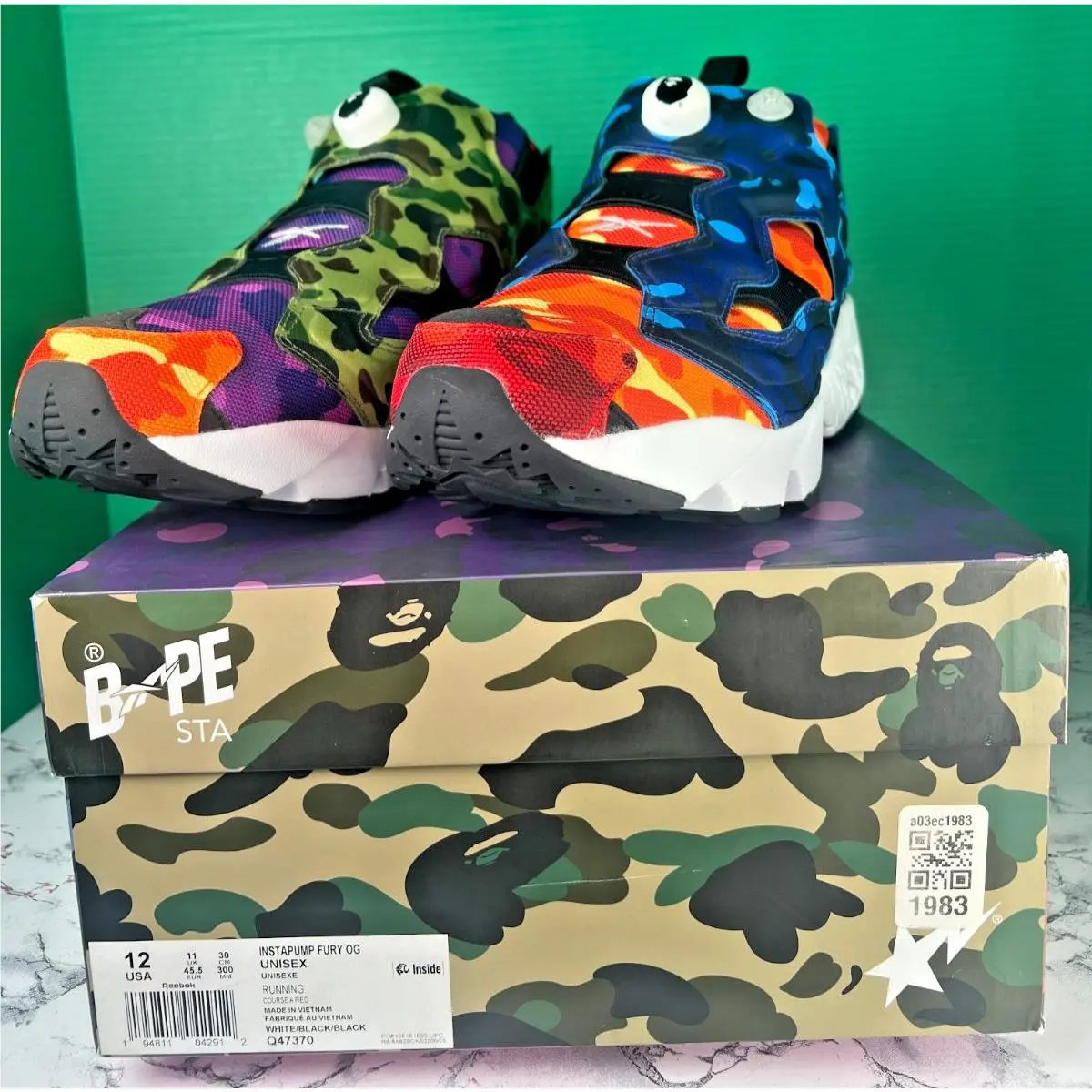 Bape x Reebok Instapump Fury OG Camo Multicolor Q47370 US 12 DS