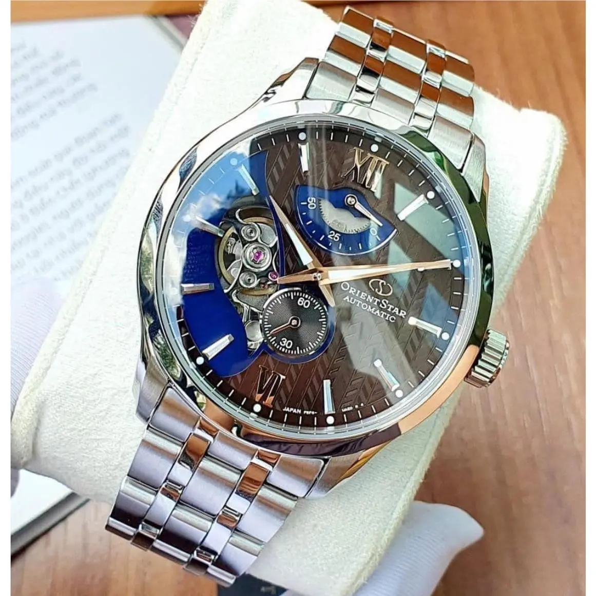 Orient Star Automatic Brown Blue Dial RK-AV0B02Y Men`s Watch Power Reserve