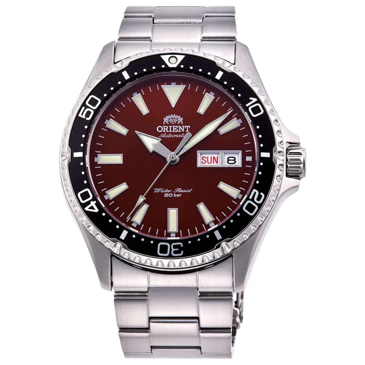 Orient Men`s Kamasu Mako Iii Day Date Red Dial Automatic 42mm Watch RA-AA0003R - Dial: Red, Band: Silver, Bezel: Black