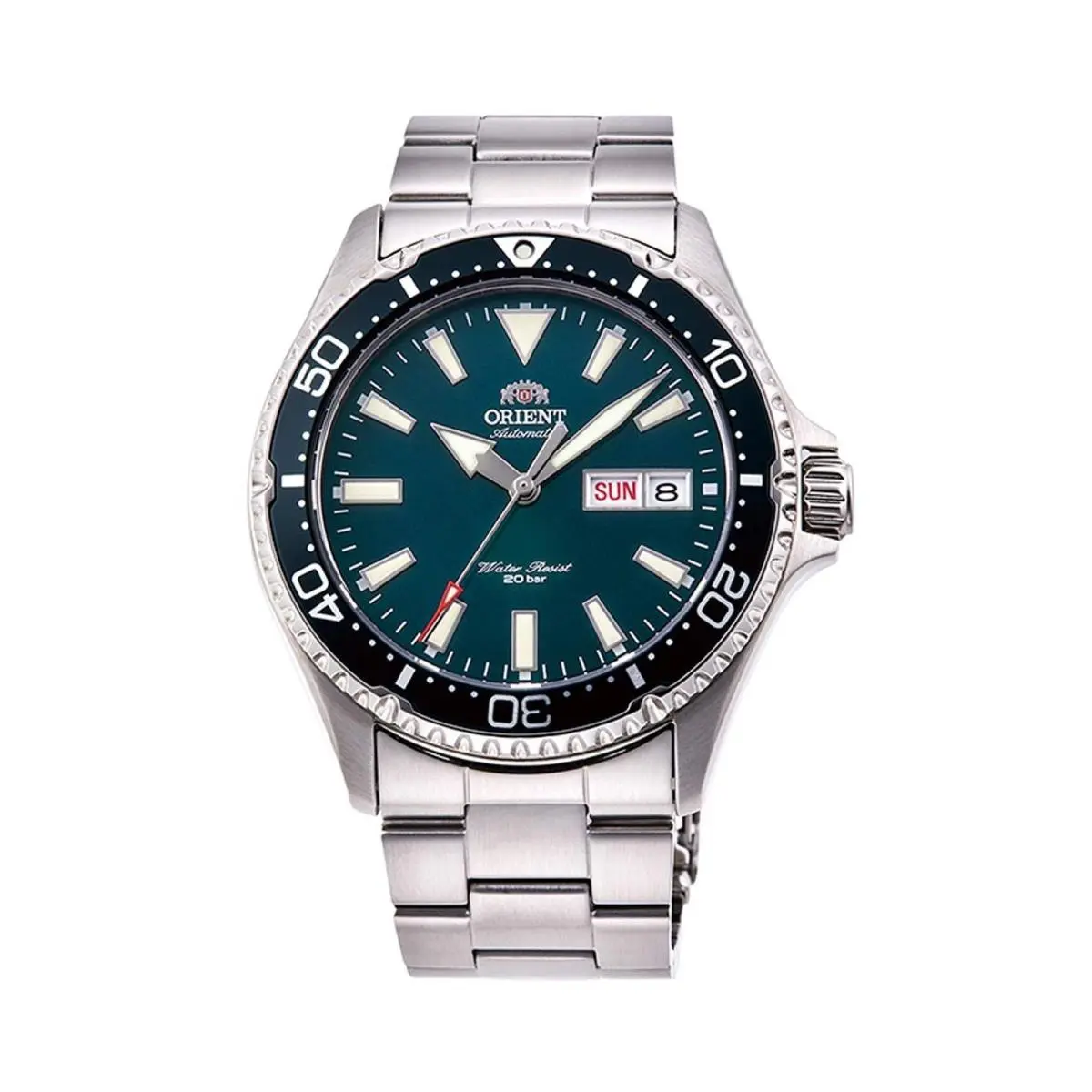 Orient Mens Analogue Automatic Watch with Stainless Steel Strap - Dial: Green, Band: Silver, Bezel: Silver
