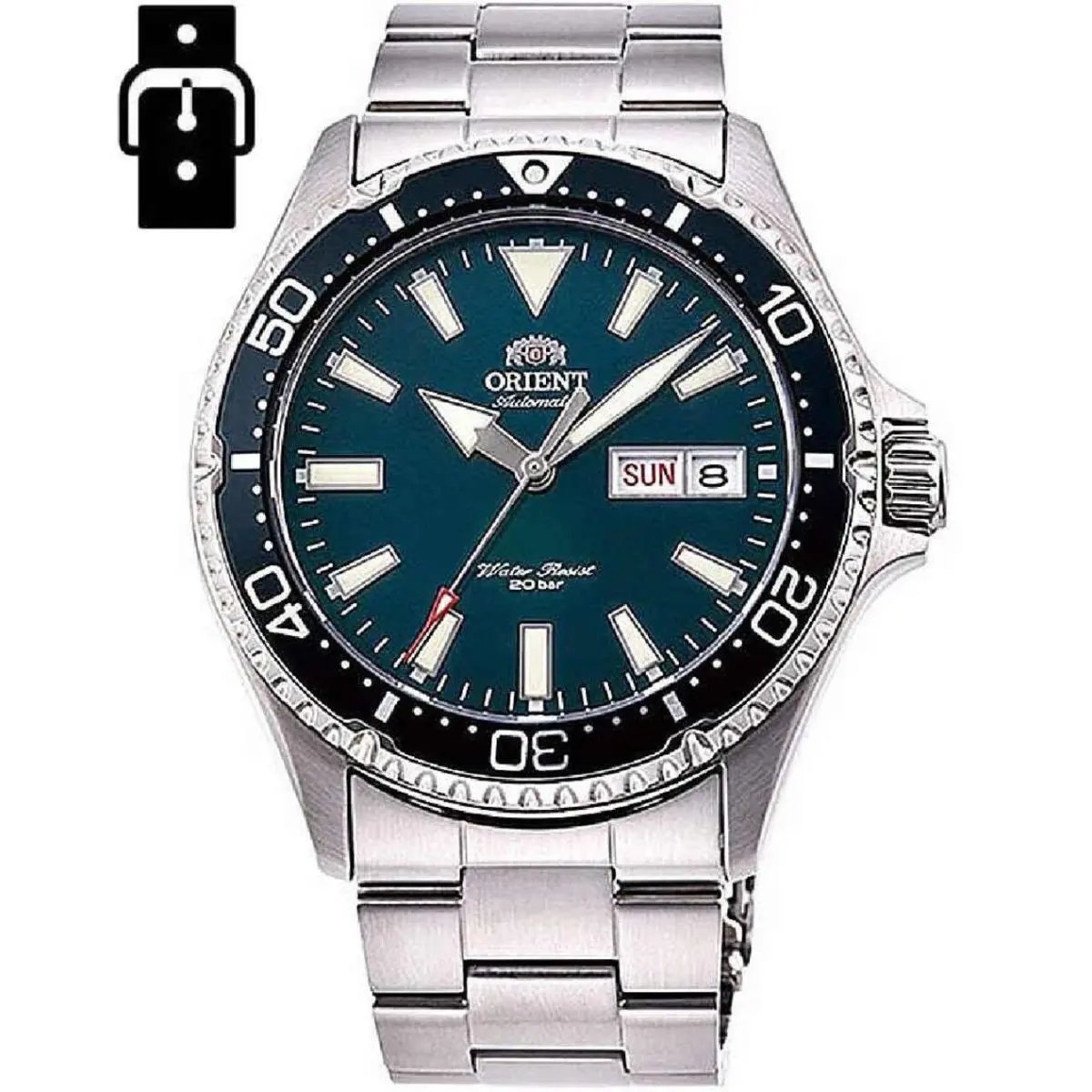 Orient Mako Iii Green Dial Stainless Steel RA-AA0004E19B Analog 200M Mens Watch - Dial: Green, Band: Silver, Bezel: Silver