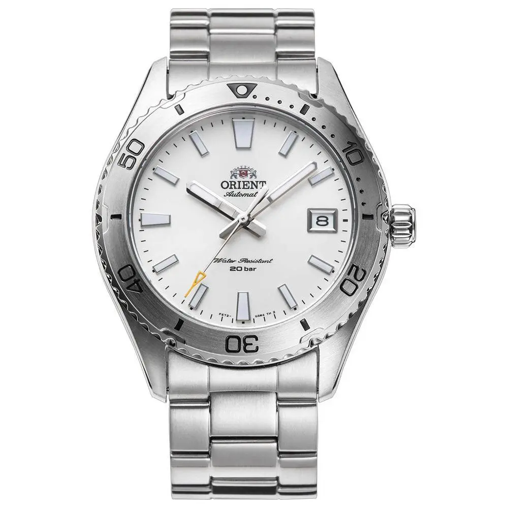 Orient Men`s Mako 40 Sports White Dial Automatic 40mm Watch RA-AC0Q03S - Dial: White, Band: Silver-Tone, Bezel: Silver-Tone