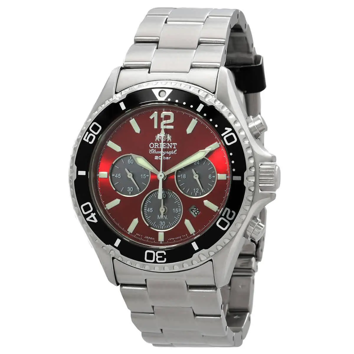 Orient Sports Solar Powered Chronograph Red Dial Men`s Watch RATX0207R10B - Dial: Red, Band: Silver-tone, Bezel: Silver-tone