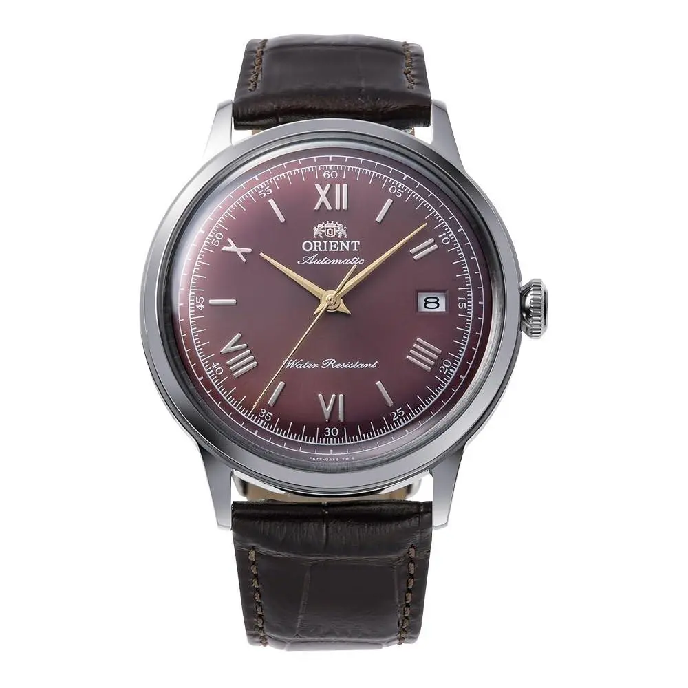 Orient Men`s Bambino Version 2 Bordeaux Dial Automatic 40mm Watch RA-AC0026R - Dial: Red, Band: Brown, Bezel: Silver-Tone