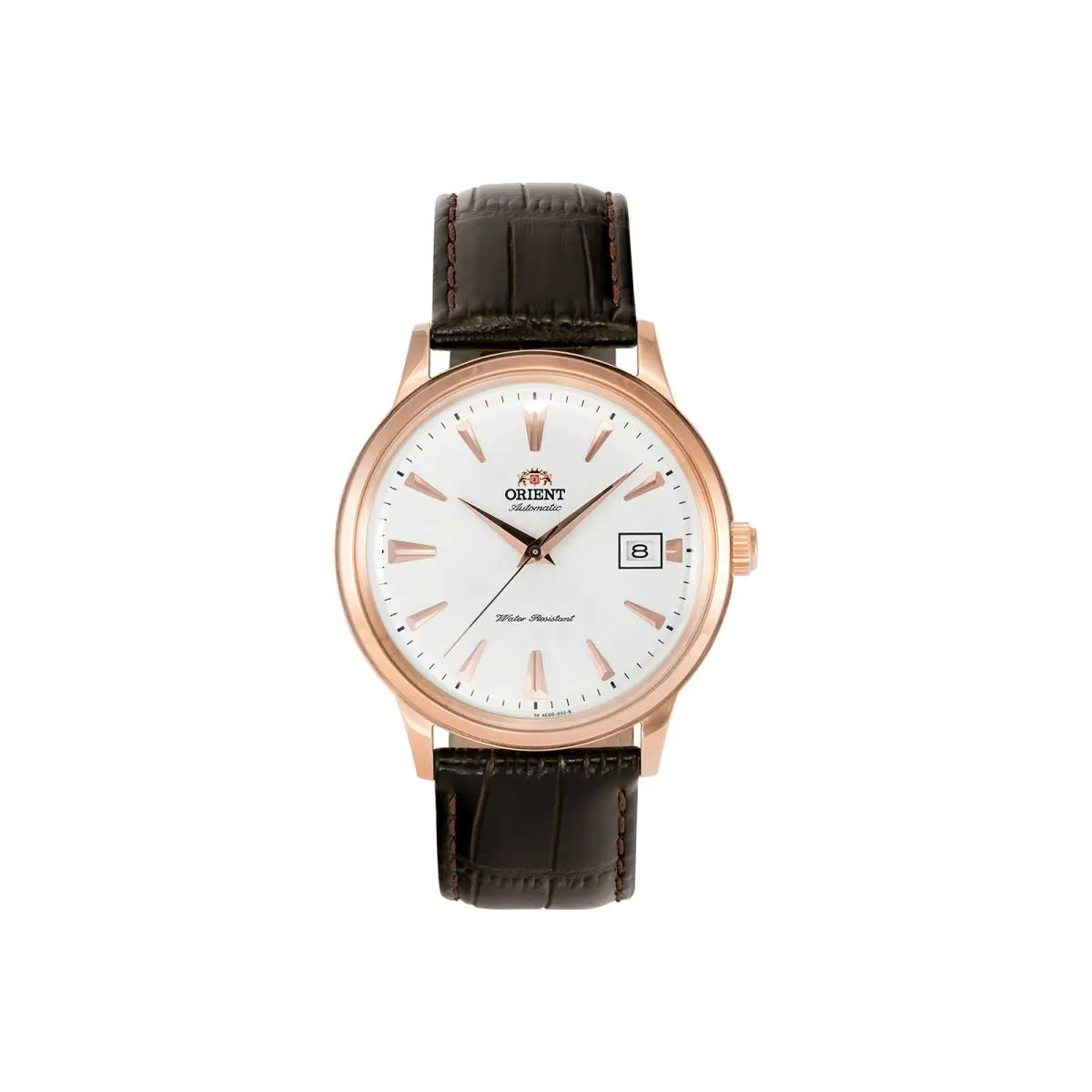 Orient Bambino Version 1 TAC00002W0 AC00002W Rose Gold Case Automatic Watch - Dial: White, Band: Brown, Bezel: Pink