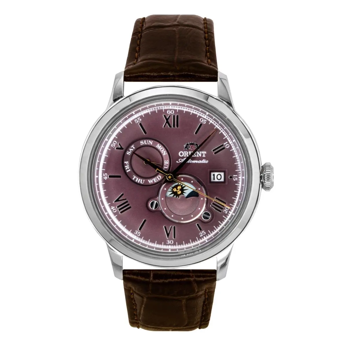 Orient Classic Bordeaux Dial Automatic Dress 30M RA-AK0807R Men`s Watch - Dial: Bordeaux, Band: Brown, Bezel: Silver