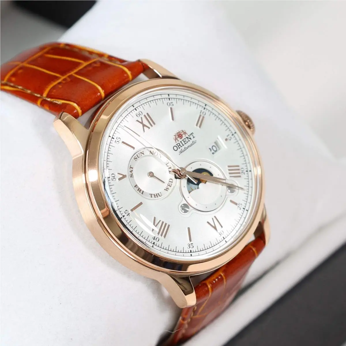 Orient Sun and Moon White Dial Men`s Automatic Rose Gold Tone Watch RA-AK0801S30
