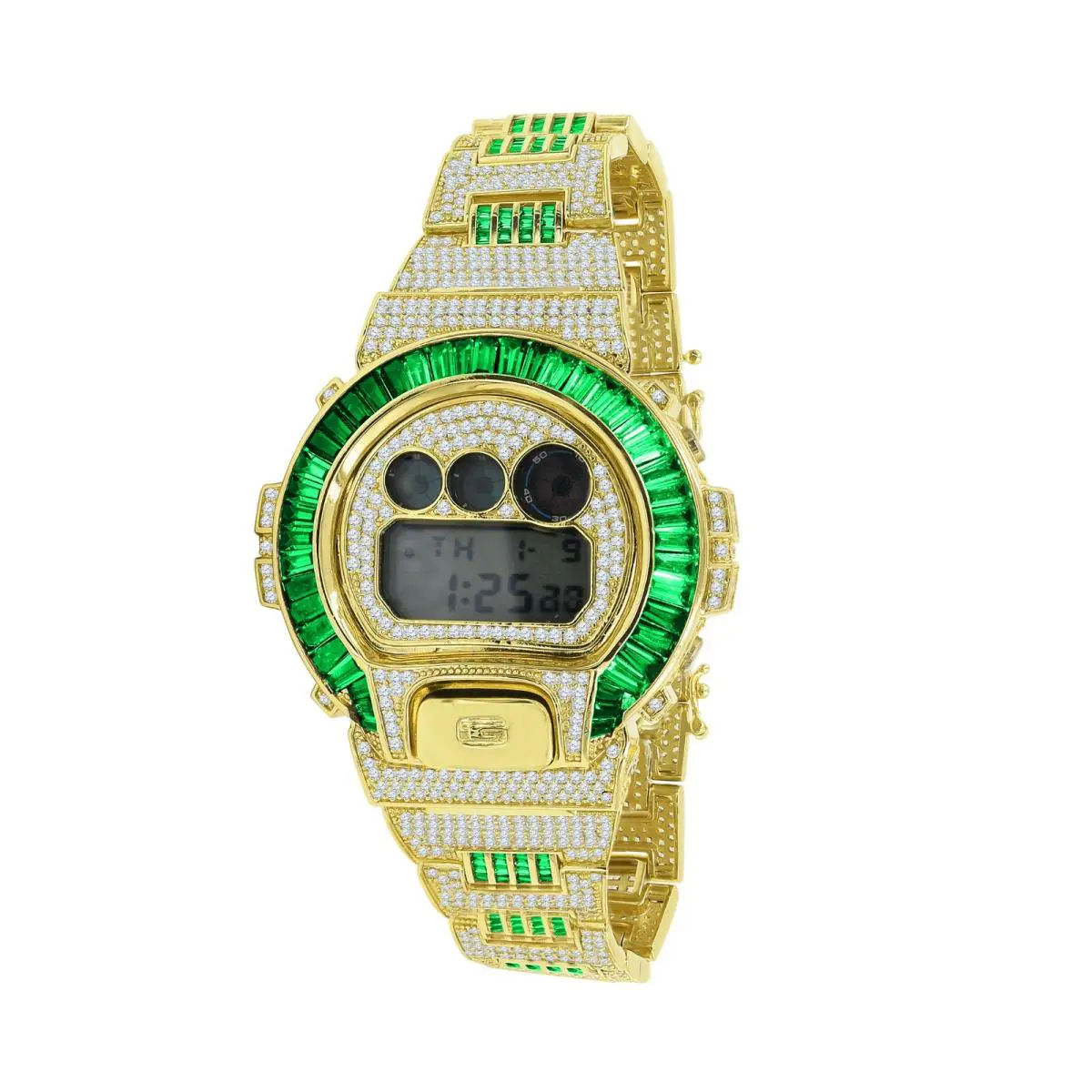 Emerald Green Gold Tone Lab Diamonds Custom Baguette  G-shock DW 6900 Watch by Casio