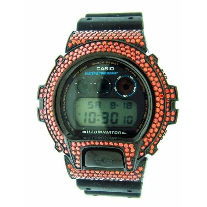 G Shock Black Stainless Steel Red Full Case Cz Crystal Dw6900 Black Face by Casio