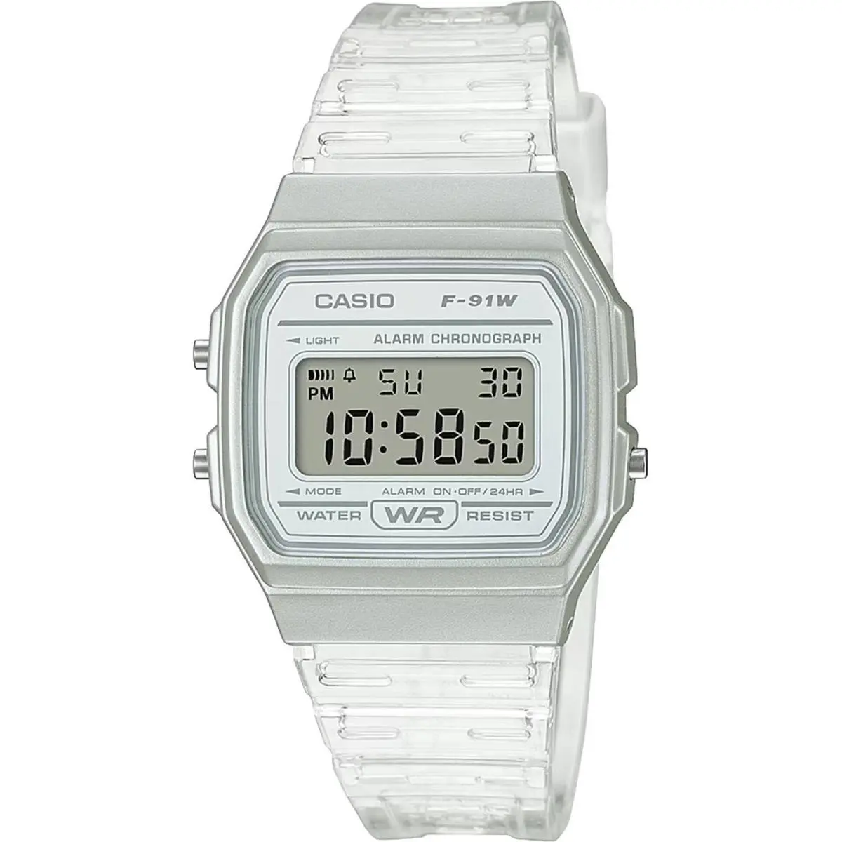 Casio Unisex Watch Grey Digital Dial Clear Resin Strap Daily Alarm F-91WS-7CF