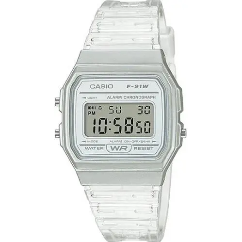 Casio Unisex Watch Grey Digital Dial Clear Resin Strap Daily Alarm F-91WS-7CF