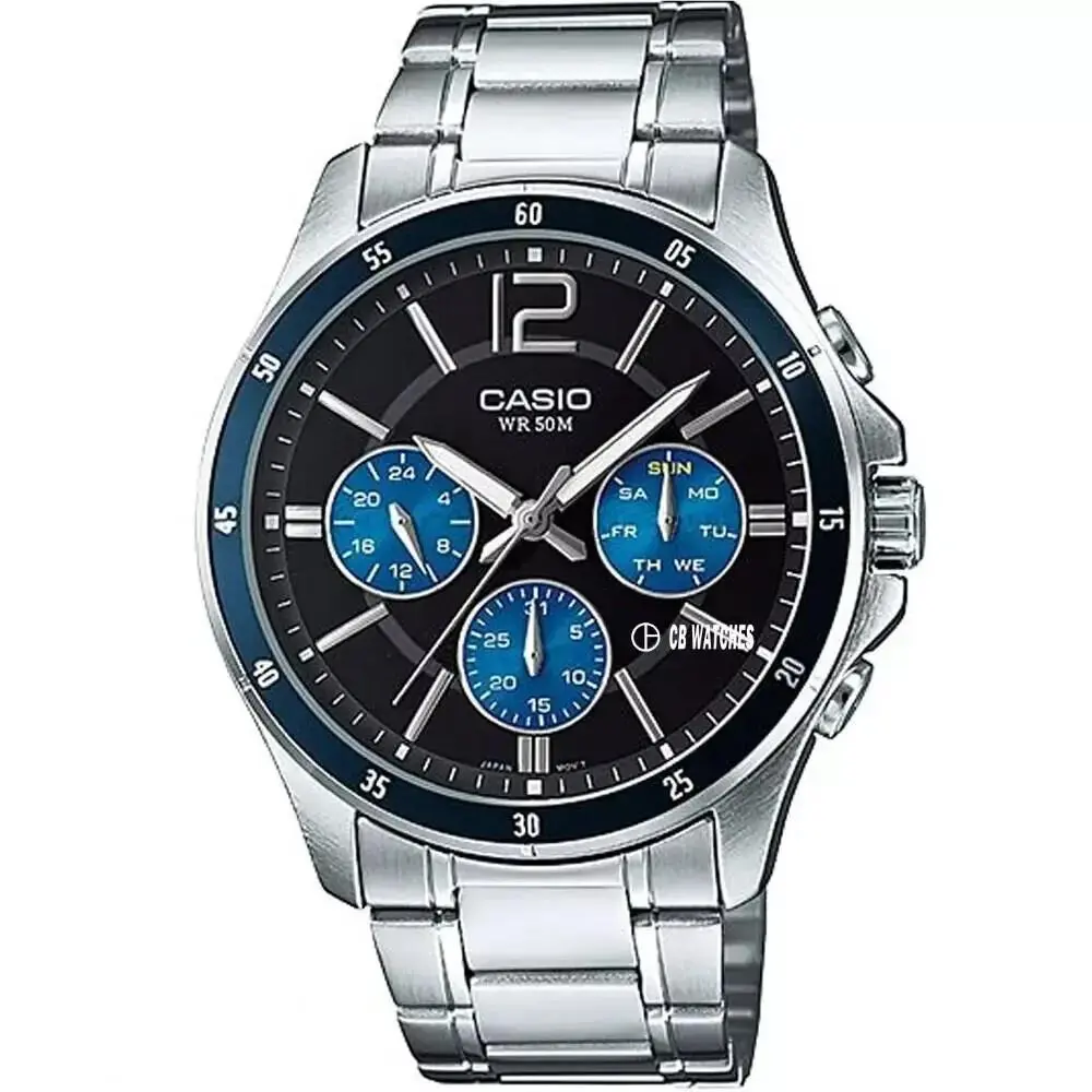 Casio MTP-1374D-2A Black and Blue Analog Stainless Steel Mens Watch