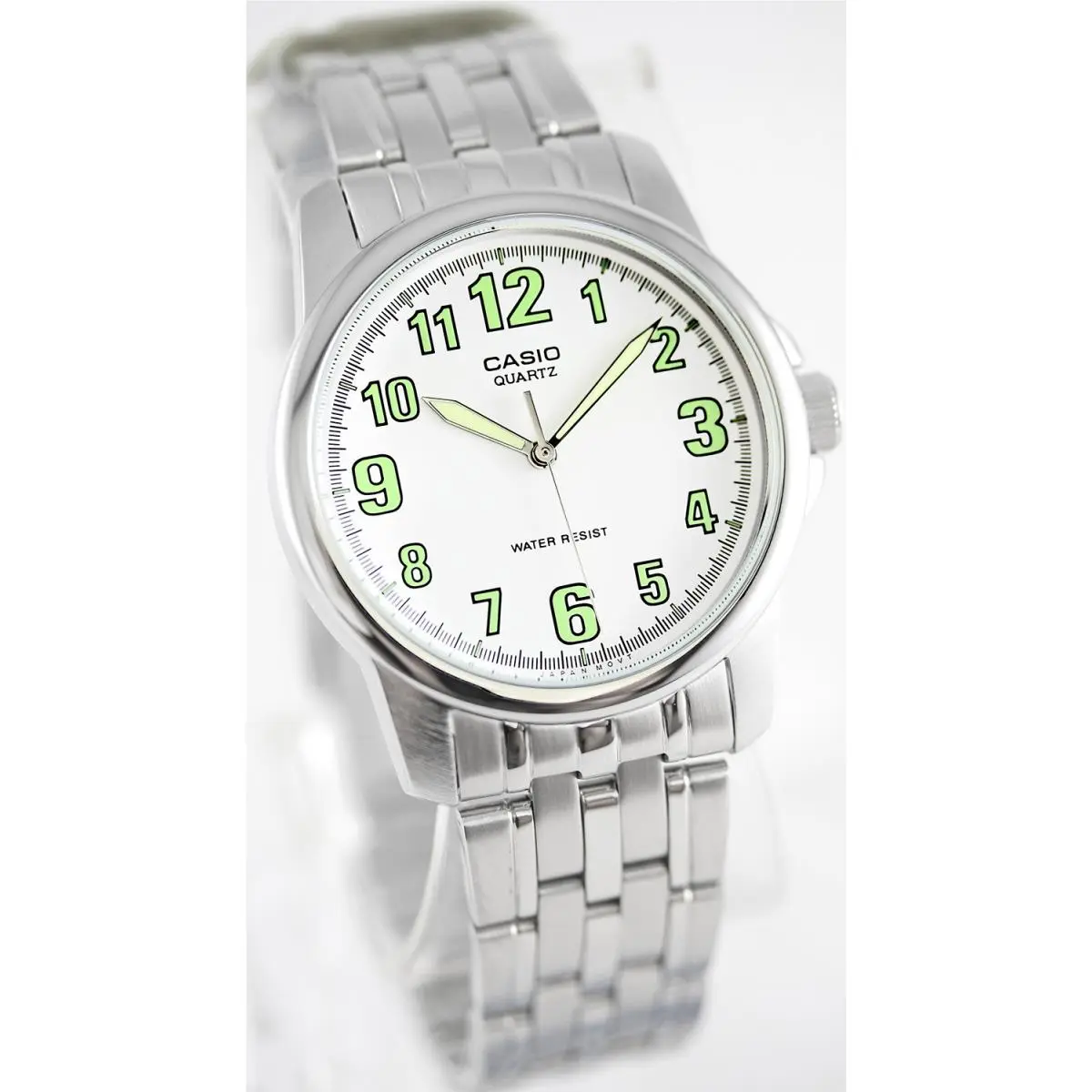 Men`s White Analog Steel Band Green Numbers Watch MTP-1216A-7B by Casio