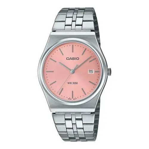 Casio MTP-B145D-4AV Mens 50M Retro Stainless Steel Analog w Date Sport Watch - Dial: Pink, Band: Silver, Bezel: Pink
