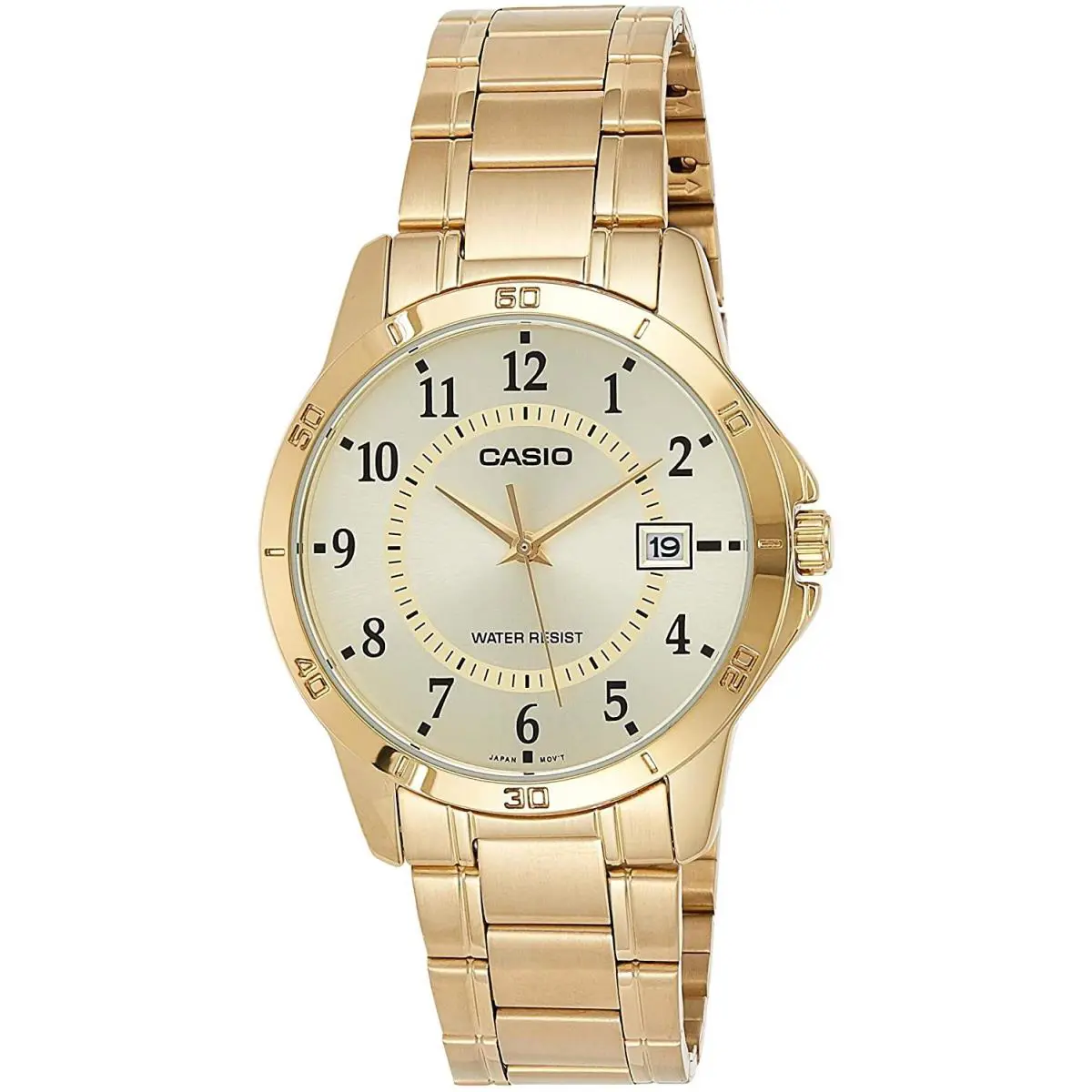 Casio MTP-V004G-9B Men`s Dress Gold Tone Stainless Steel Numbers Dial Watch - Dial: Gold, Band: Gold, Bezel: Gold