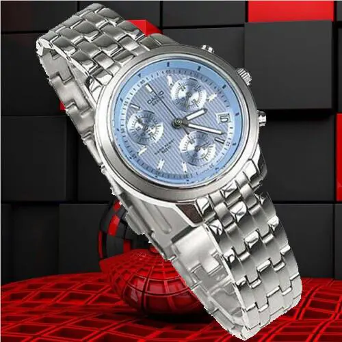 Casio Beside BEL-500D-2A Women`s Blue Chronograph Watch 2-Dials Stainless Steel