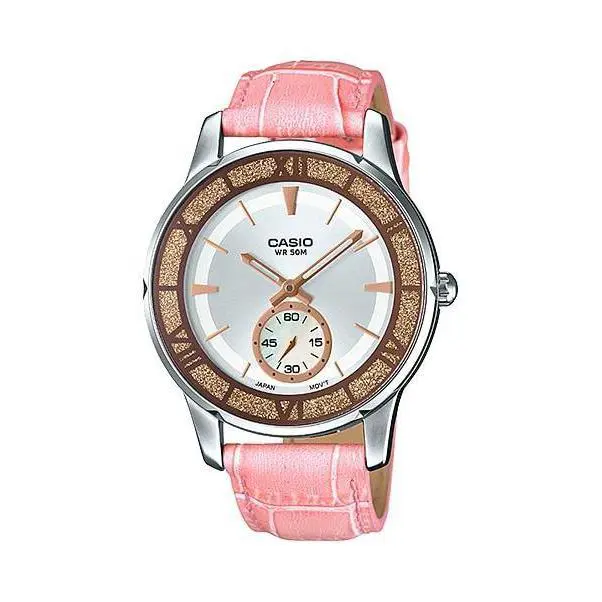 Casio LTP-E408L-4AV Women`s Lamé-sprinkled Bezel Leather Band Pink Dial Watch