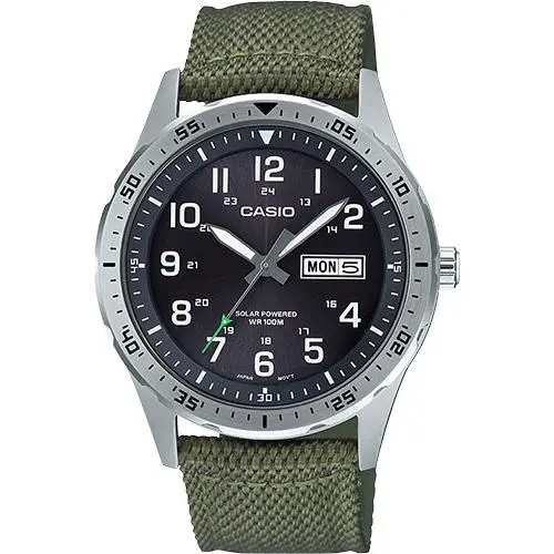 Casio Men`s Solar Day and Date Green Nylon Strap 42mm Watch MTPS120L-3AV
